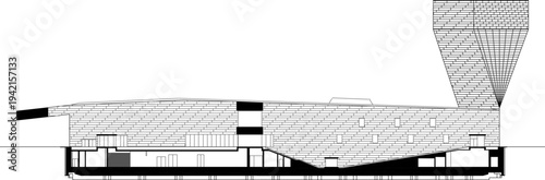 Vector sketch illustration of silhouette design section view of modern museum building facade 