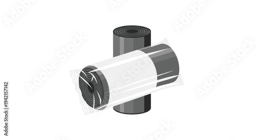Two cylindrical rolls of black garbage bags are displayed on a white surface, with one standing upright and the other lying horizontally, partially wrapped in clear plastic packaging.