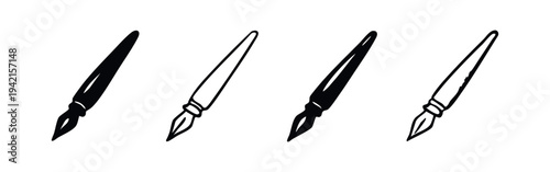 Fountain Pen Icon Set in Hand-Drawn Style. Four Variations of Writing Instrument Illustrations, Black and White.