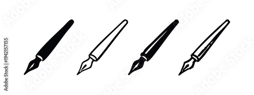 Calligraphy Pen Icon Set. Four Hand-Drawn Variations of Writing and Drawing Tool Illustrations, Black and White.