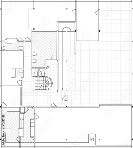 Vector sketch illustration of silhouette design of site plan first floor of modern villa house building