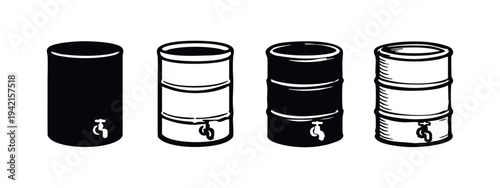 Rain Barrel and Water Storage Tank Vector Icon Set with Faucet for Sustainable Use