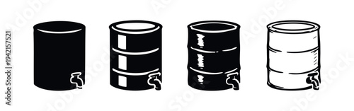 Rainwater Collection Barrel Vector Icon Set with Tap for Eco-Friendly Water Use