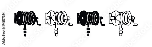 Garden hose reel icon set for watering and irrigation equipment