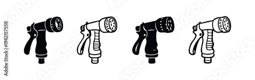 Garden hose nozzle and spray gun icon set for watering equipment