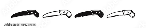 Garden pruning saw icon set. Hand drawn illustrations of curved blade saws in solid and outline styles.