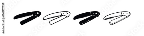 Folding saw icon set. Hand drawn illustrations of portable and compact pruning saws in solid and outline styles.