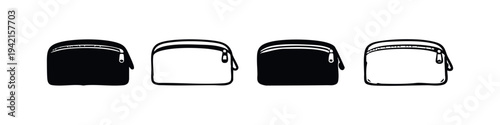 Rounded Zipped Pouch Icons. Set of Black and White Travel Accessory Bag Illustrations for Make-up or Small Items