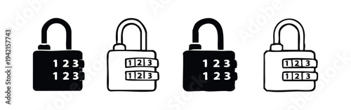 Combination padlock icons set. Black and white vector symbols for security, safety, and locked access.