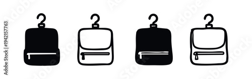 Hanging backpack icons set. Black and white vector symbols for school bags, travel, and outdoor gear.