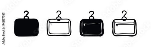 Hanging travel bag icons set. Black and white vector symbols for garment bags, toiletry kits, and luggage.
