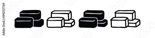 Stacked ice cubes or sugar cubes icons set. Black and white vector symbols for cold drinks, beverages, and sweeteners.