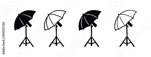 Studio Photography Umbrella Icon Set - Professional Lighting Equipment Vector with Solid and Outline Styles