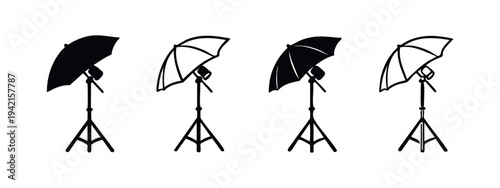 Photography Studio Umbrella and Stand Icon Set - Professional Photo Lighting Vector with Solid and Outline Styles