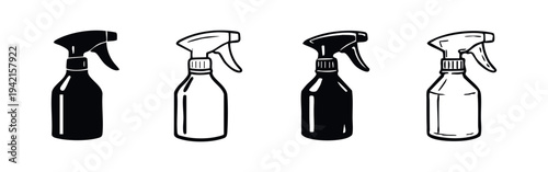 Cleaning Spray Bottle Icon Set. Black and White Stylized Symbols for Hair and Household Products.