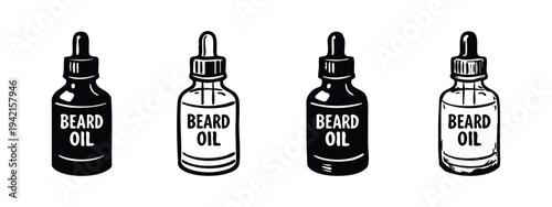 Beard Oil Dropper Bottle Icons Set. Male Grooming Product Symbol Collection for Facial Hair Care. Barbershop Supplies.