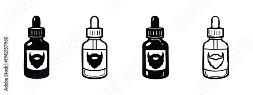 Beard Oil Bottle Icons Set with Beard Graphic. Male Grooming Product Collection for Facial Hair Care. Barbershop Supply.