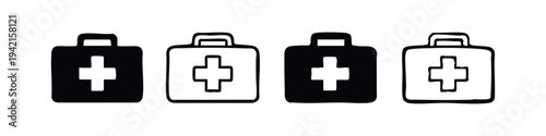 Set of first aid kit icons, medical emergency and healthcare symbols, isolated on white background.
