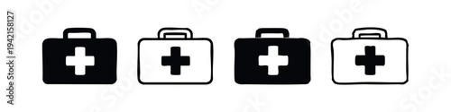 Collection of first aid box icons, essential medical supplies and emergency care symbols, isolated on white.