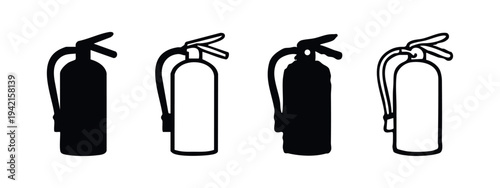 Fire extinguisher icons set, safety equipment and emergency fire fighting tools, isolated on white background.