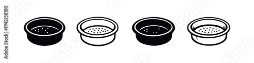 Coffee Cup or Bowl with Grounds Icon Set, Brewed Coffee Pot Symbols, Black and White Beverage Container Icons