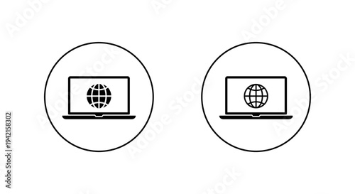 Laptop with internet globe icon in circular outline. Notebook with online web symbol