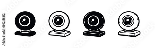 Webcam or web camera icons set in black and white hand drawn style, isolated on white background.