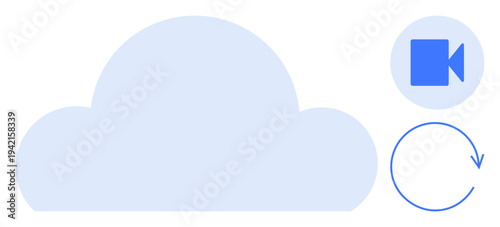 Cloud storage, video backup, technology services, online file sharing, data synchronization, digital media storage. Cloud shape, camera icon and arrow in a circular motion. Cloud storage and video