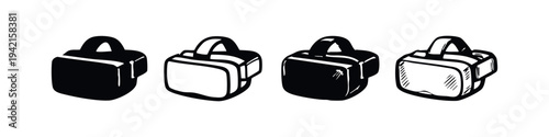 Compact Virtual Reality Headset Icons. Sleek VR Goggles and Device Illustrations.