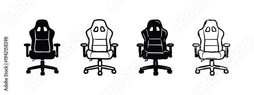 Gaming Chair Icons Set - Modern E-sports Seat Silhouettes and Outline Illustrations