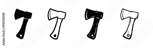 Axe icon set. Black and white vector illustrations of a chopping axe for lumberjack and outdoor themes.