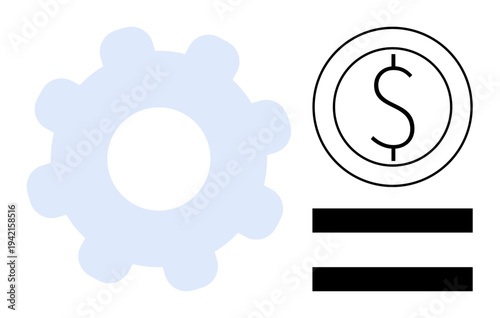 Blue gear symbol beside a dollar coin and equals sign, representing productivity, financial growth, and efficiency. Ideal for business, finance, industrial concepts, economics, engineering profit
