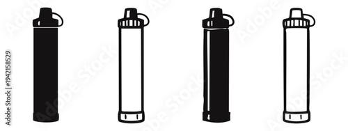 Portable Water Filtration System Icon Set. Hand Drawn Personal Outdoor Water Filter for Camping and Survival Vector.