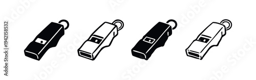 Whistle Icon Set. Hand Drawn Referee Whistle for Sports, Coaching, and Safety Signals Vector Illustration.