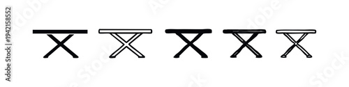 Foldable Camping Stool Icon Set. Hand Drawn Portable Outdoor Table or Collapsible Chair Base Vector.