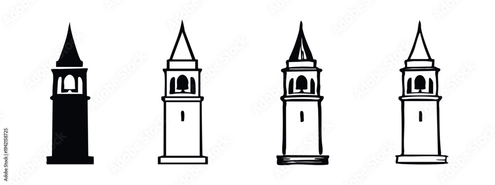 Fototapeta premium Architectural Tower Icons Set. Hand-Drawn Steeple Building Vector Illustration on White Background.