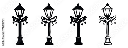 Christmas Street Lamp Icons. Holiday Lamppost with Holly and Berries Vector Set on White Background.