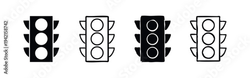 Hand-drawn and solid traffic light icons, a set of four vertical road signal symbols on white background.