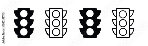 Hand-drawn and solid traffic light icons, a set of four vertical road signal symbols on white background.