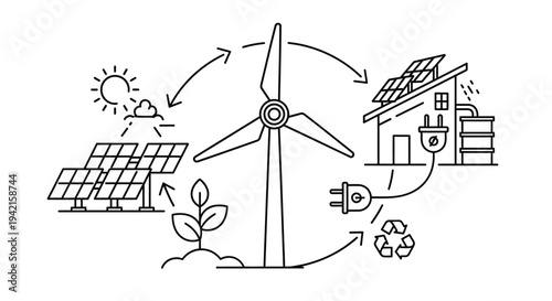Vector illustration of renewable energy sources, sustainable living