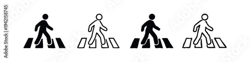 Hand-drawn and solid pedestrian crossing icons, a set of four walk symbols for crosswalks on white background.