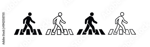 Hand-drawn and solid pedestrian crossing icons, a set of four walk symbols for crosswalks on white background.