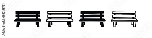 Hand-drawn and solid park bench icons, a set of four outdoor seating symbols on white background.