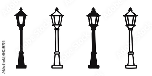 Classic vintage street lamp and lamppost icons in solid and outline styles