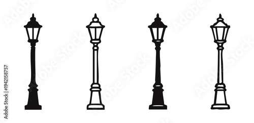 Vintage lamppost and street light icons in solid and outline style for design