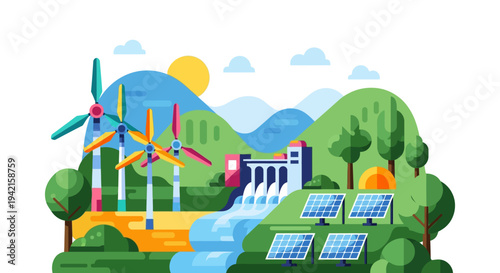 Vector illustration of renewable energy sources, sustainable landscape