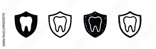 Dental shield and tooth protection icons in solid and outline styles