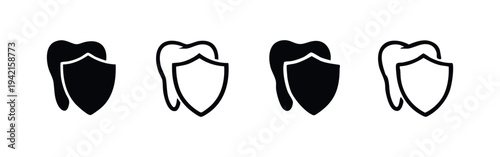 Tooth protection and dental health shield icons in solid and outline styles