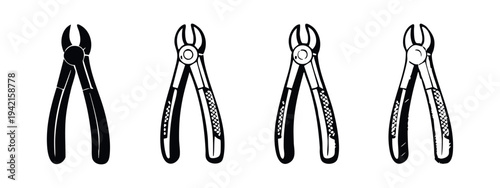 Dental Extraction Forceps Icons. Dentist Instrument Vector Set. Tooth Removal Tools for Oral Surgery.