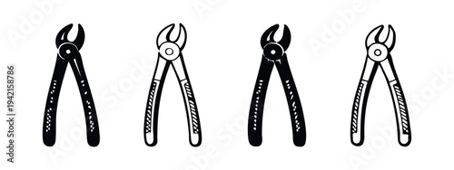 Dentist Extraction Forceps Icons. Dental Surgical Tool Vector Graphics. Tooth Removal Instruments for Clinic.